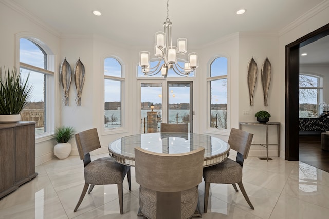 5820 Lakeview Ave, Orchard Lake, MI 48323 - dining space with crown molding, recessed lighting, and a chandelier