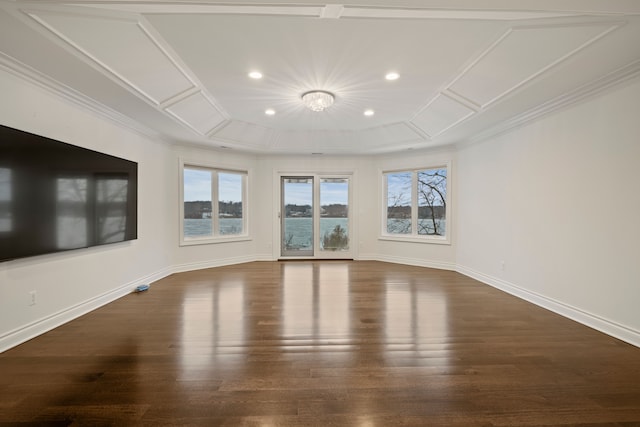 5820 Lakeview Ave, Orchard Lake, MI 48323 - unfurnished living room with recessed lighting, ornamental molding, baseboards, and wood finished floors