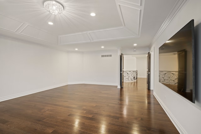 5820 Lakeview Ave, Orchard Lake, MI 48323 - spare room with visible vents, ornamental molding, recessed lighting, dark wood-type flooring, and a notable chandelier