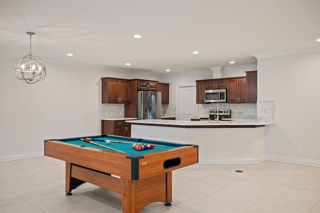 5820 Lakeview Ave, Orchard Lake, MI 48323 - recreation room with crown molding, a notable chandelier, recessed lighting, pool table, and baseboards