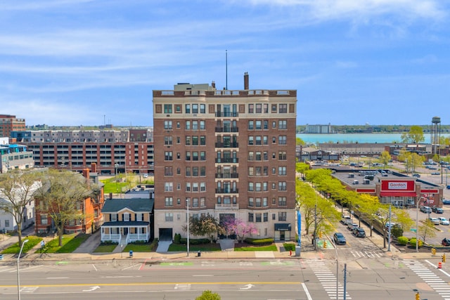 view of building exterior featuring a water view