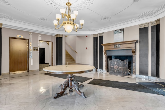 unfurnished living room with elevator, a chandelier, stairway, marble tiled flooring, and a fireplace with flush hearth