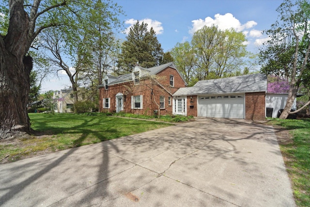 view of front of home featuring concrete driveway, brick siding, an attached garage, and a front lawn