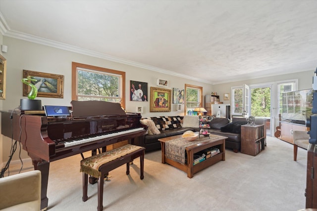 living area featuring light colored carpet, ornamental molding, and a wealth of natural light