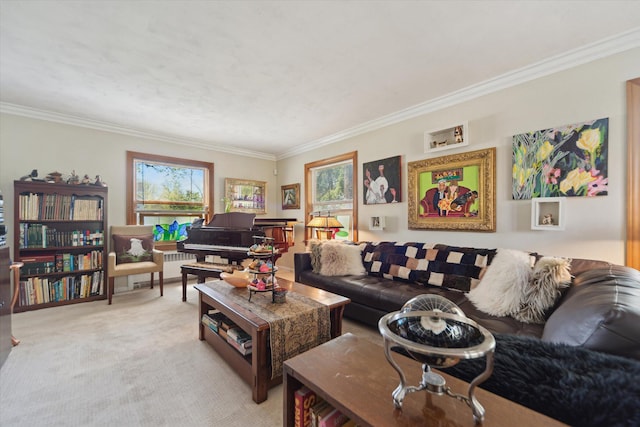 living room featuring light colored carpet, ornamental molding, and radiator heating unit