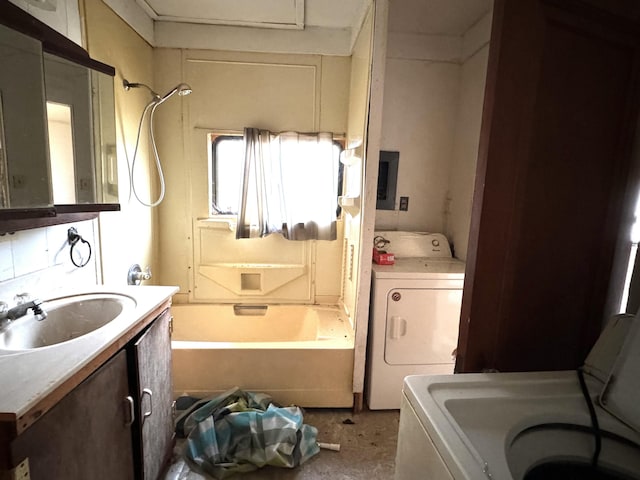 full bathroom with vanity, shower / bathing tub combination, and independent washer and dryer