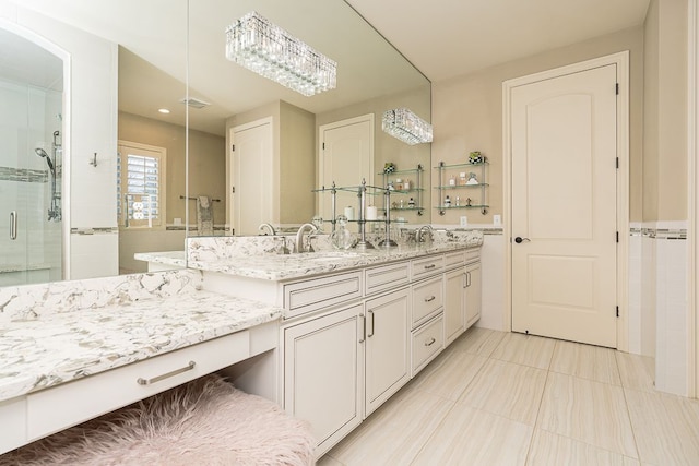 3960 Harvest Creek Ct, Rochester, MI 48306 - bathroom featuring a sink, tile patterned flooring, double vanity, a shower stall, and visible vents