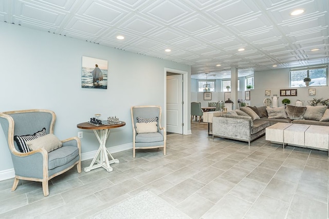 3960 Harvest Creek Ct, Rochester, MI 48306 - living area featuring an ornate ceiling, plenty of natural light, baseboards, and recessed lighting