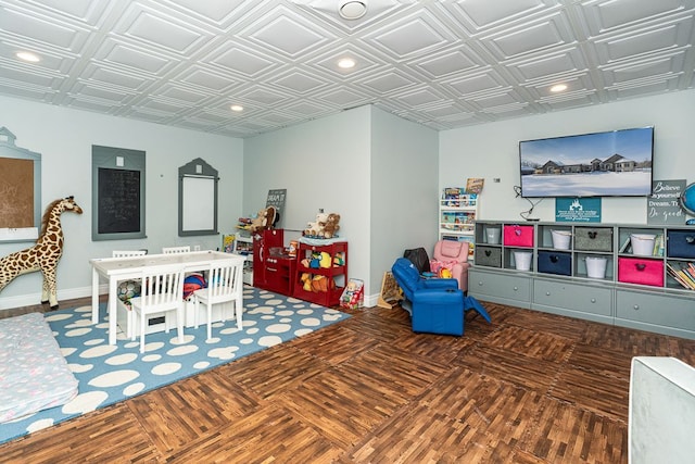 3960 Harvest Creek Ct, Rochester, MI 48306 - game room with baseboards, an ornate ceiling, recessed lighting, and parquet floors