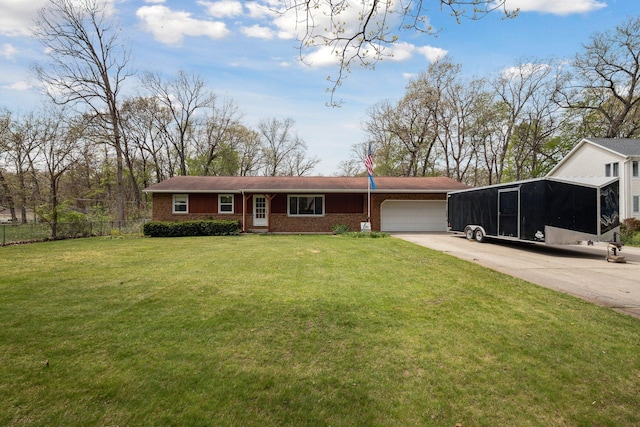 single story home featuring fence, a front yard, brick siding, concrete driveway, and an attached garage