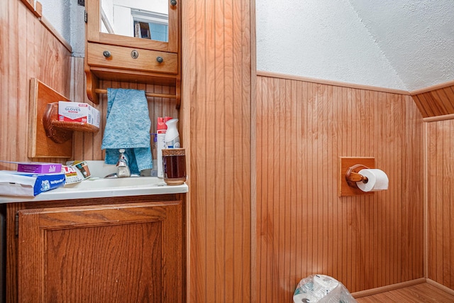 interior space with vanity and wood walls