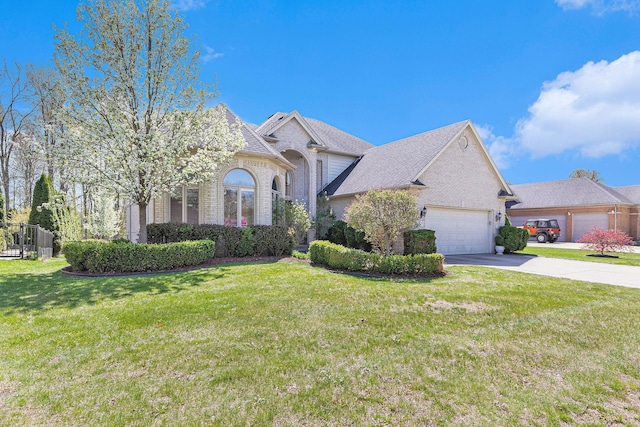 view of front of property with roof with shingles, an attached garage, a front lawn, brick siding, and concrete driveway