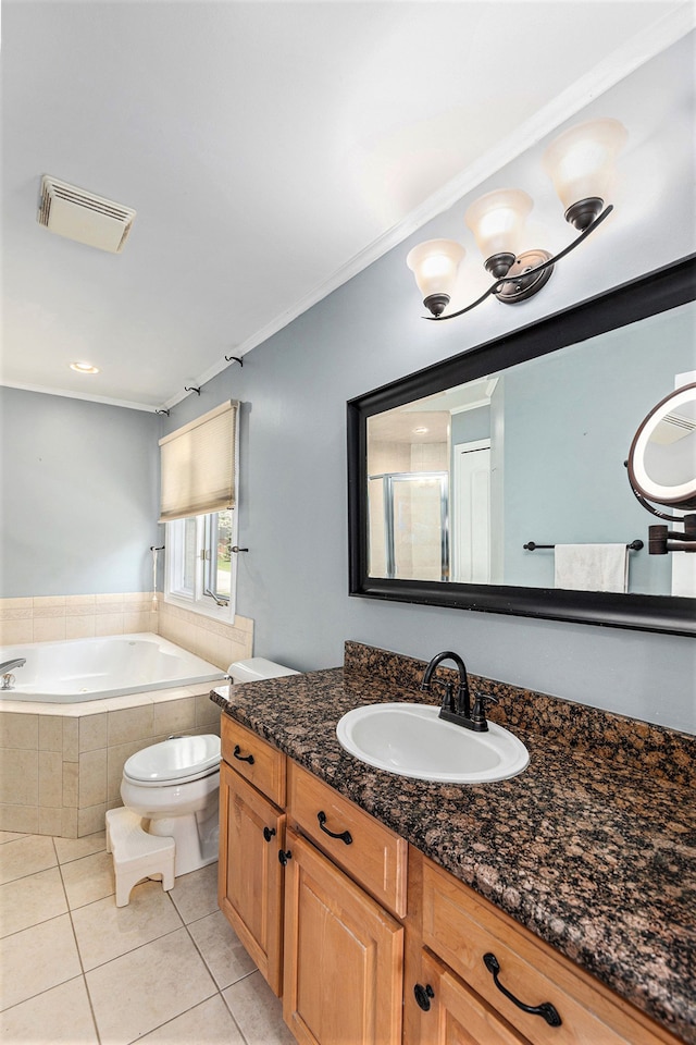 bathroom featuring visible vents, crown molding, tile patterned flooring, toilet, and a bath