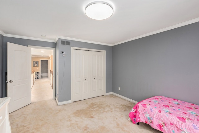 bedroom with crown molding, baseboards, light colored carpet, and visible vents