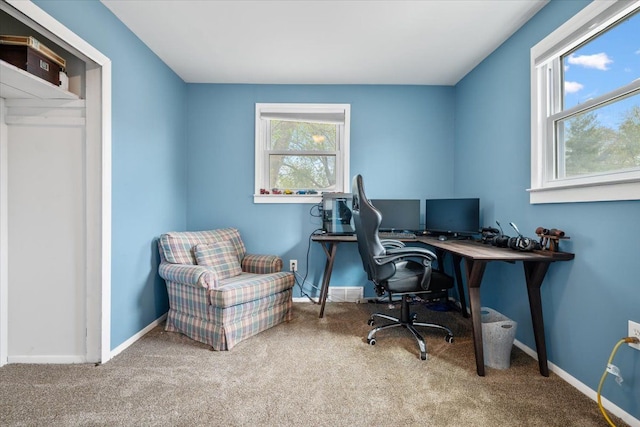 office space with baseboards and carpet flooring