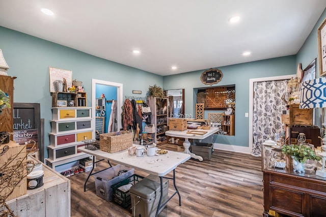 home office with baseboards, recessed lighting, and wood finished floors