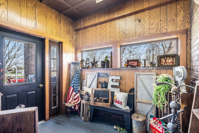 interior space featuring wood walls and carpet