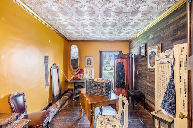 office with crown molding, hardwood / wood-style flooring, and an ornate ceiling