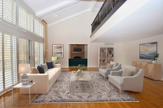 32824 Outland Trl, Bingham Farms, MI 48025 - living room featuring visible vents, beam ceiling, wood finished floors, a fireplace, and high vaulted ceiling