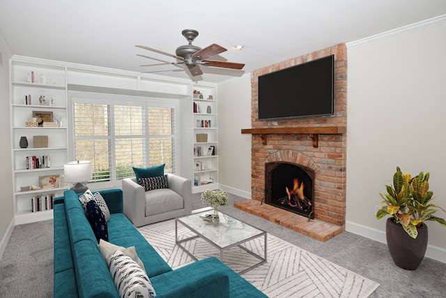 32824 Outland Trl, Bingham Farms, MI 48025 - living room with carpet floors, a ceiling fan, baseboards, and a brick fireplace