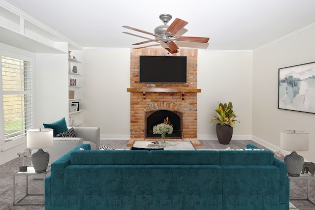 32824 Outland Trl, Bingham Farms, MI 48025 - living area featuring carpet flooring, a brick fireplace, a ceiling fan, baseboards, and ornamental molding