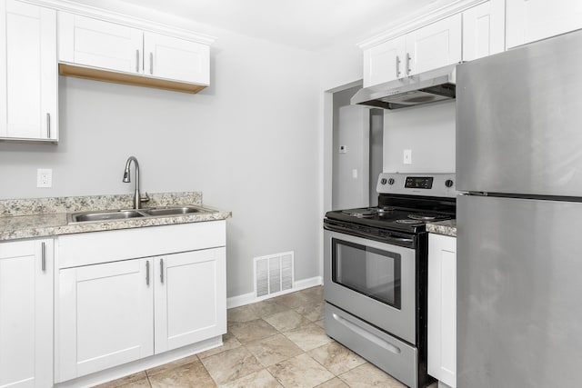 16516 Collingham Dr, Detroit, MI 48205 - kitchen with visible vents, white cabinetry, under cabinet range hood, a sink, and stainless steel appliances