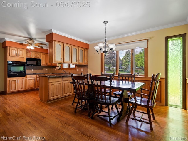 28210 Ridgebrook Rd, Farmington Hills, MI 48334 - dining area featuring a chandelier, ornamental molding, dark wood finished floors, and ceiling fan