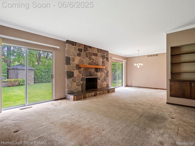 28210 Ridgebrook Rd, Farmington Hills, MI 48334 - unfurnished living room featuring a chandelier, carpet flooring, a fireplace, ornamental molding, and baseboards