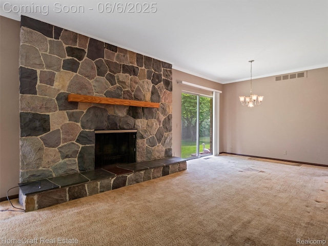 28210 Ridgebrook Rd, Farmington Hills, MI 48334 - unfurnished living room with carpet floors, a stone fireplace, a chandelier, ornamental molding, and baseboards