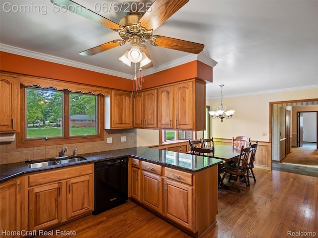 28210 Ridgebrook Rd, Farmington Hills, MI 48334 - kitchen with dishwasher, a sink, brown cabinetry, ornamental molding, and a peninsula