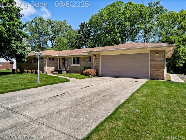 28210 Ridgebrook Rd, Farmington Hills, MI 48334 - ranch-style home with brick siding, a front lawn, a garage, and concrete driveway