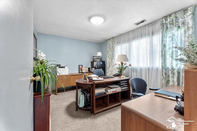 office featuring a textured ceiling, visible vents, and light carpet