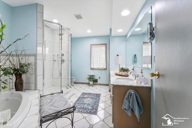 full bathroom with vanity, a shower stall, recessed lighting, and a bath