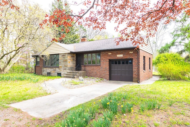 ranch-style home with brick siding, an attached garage, a chimney, and aphalt driveway