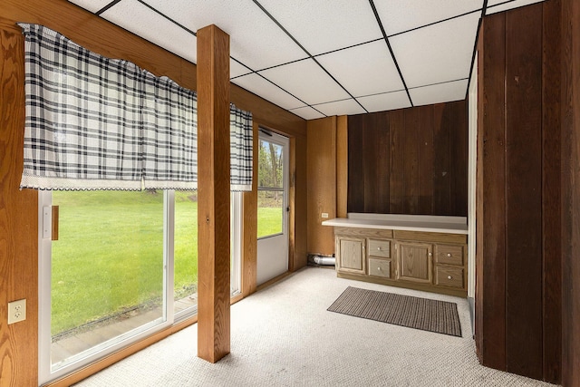 doorway featuring carpet floors, a paneled ceiling, and wooden walls