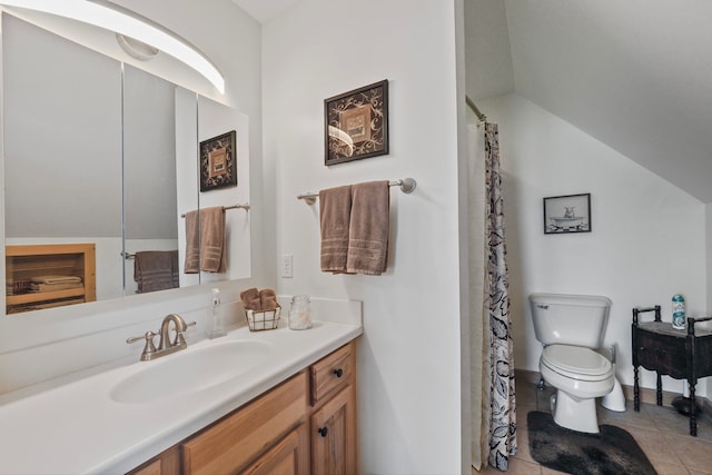 full bathroom with tile patterned flooring, lofted ceiling, toilet, and vanity