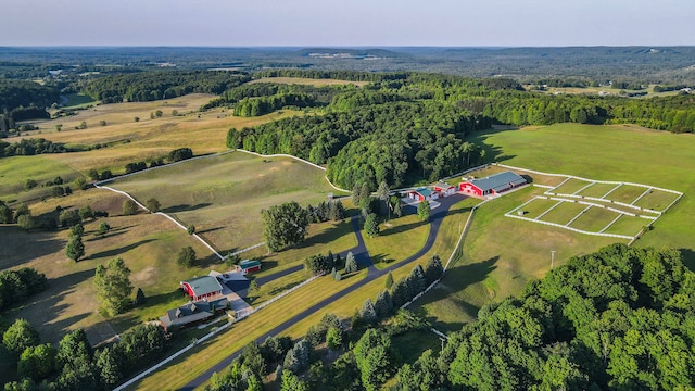 birds eye view of property featuring a forest view