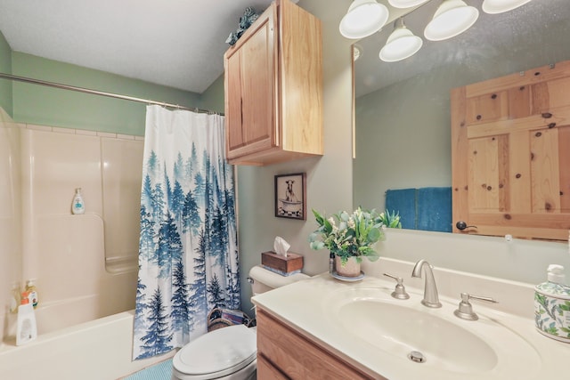 bathroom featuring vanity, toilet, and shower / tub combo with curtain