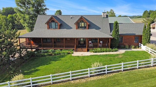 view of front of property featuring fence private yard, a chimney, a front yard, and log siding