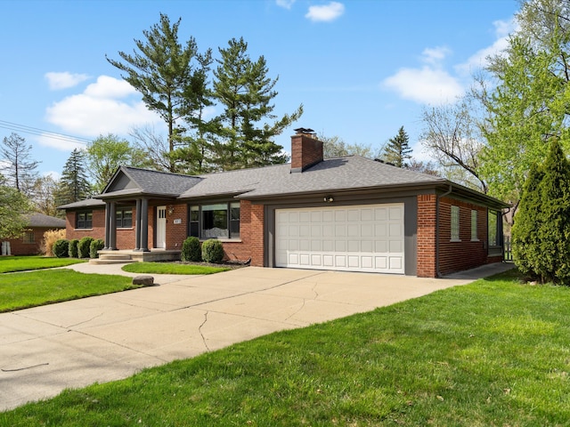 single story home with brick siding, an attached garage, a chimney, driveway, and a front lawn