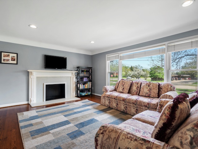 living area featuring baseboards, recessed lighting, wood finished floors, and a fireplace