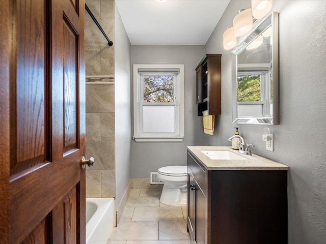 bathroom featuring plenty of natural light, vanity, toilet, and  shower combination