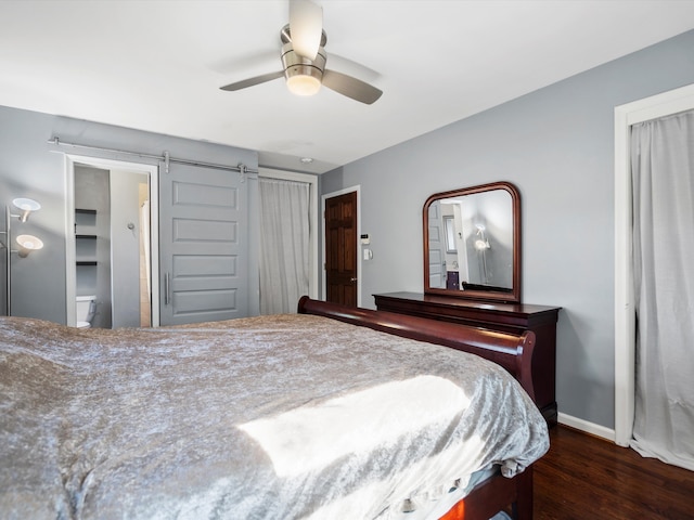 bedroom with wood finished floors, baseboards, and a ceiling fan