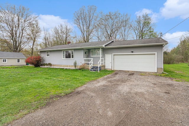 single story home with an attached garage, dirt driveway, a front lawn, and a chimney