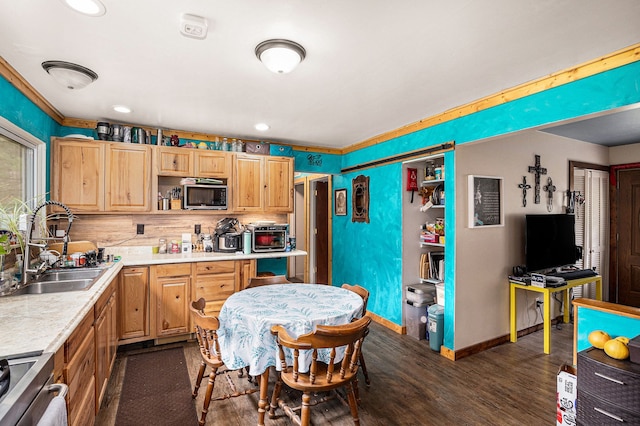kitchen with dark wood-style flooring, a sink, light countertops, stove, and stainless steel microwave