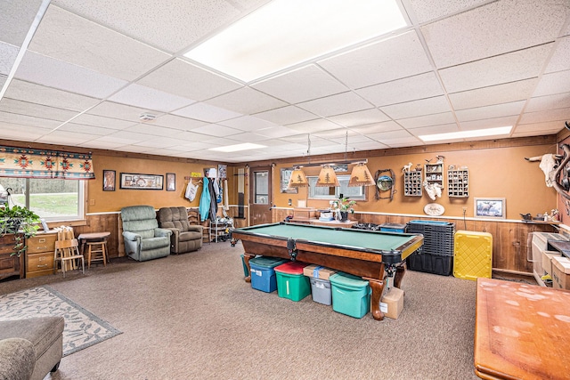 game room featuring carpet, a drop ceiling, and pool table
