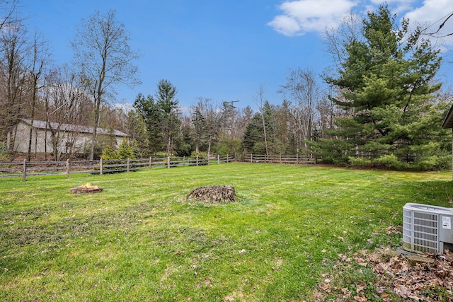view of yard featuring a fenced backyard, central AC unit, and a fire pit