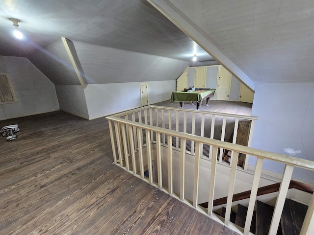 bonus room featuring wood finished floors, billiards, and lofted ceiling