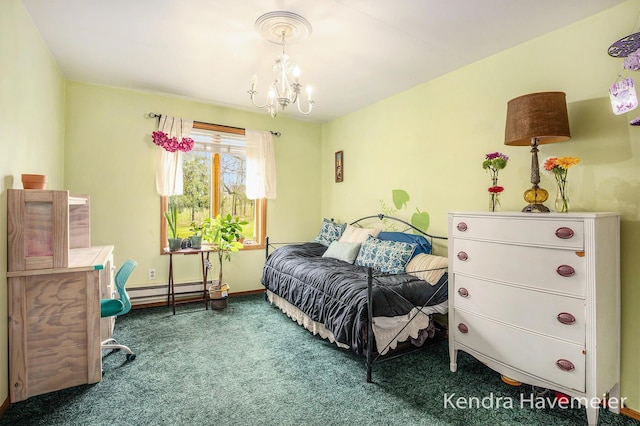 carpeted bedroom featuring an inviting chandelier, baseboards, and a baseboard heating unit