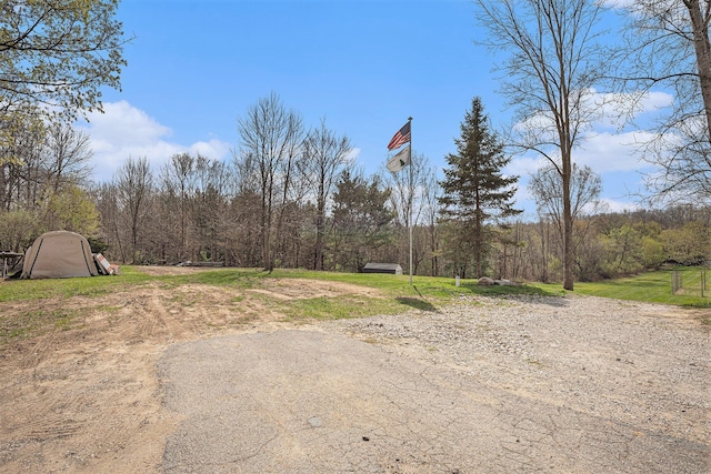view of yard with a view of trees